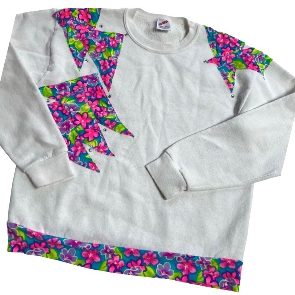 Rad Vintage Peak 90s Neon Hand Embroidered Rhinestone Pullover Sweatshirt